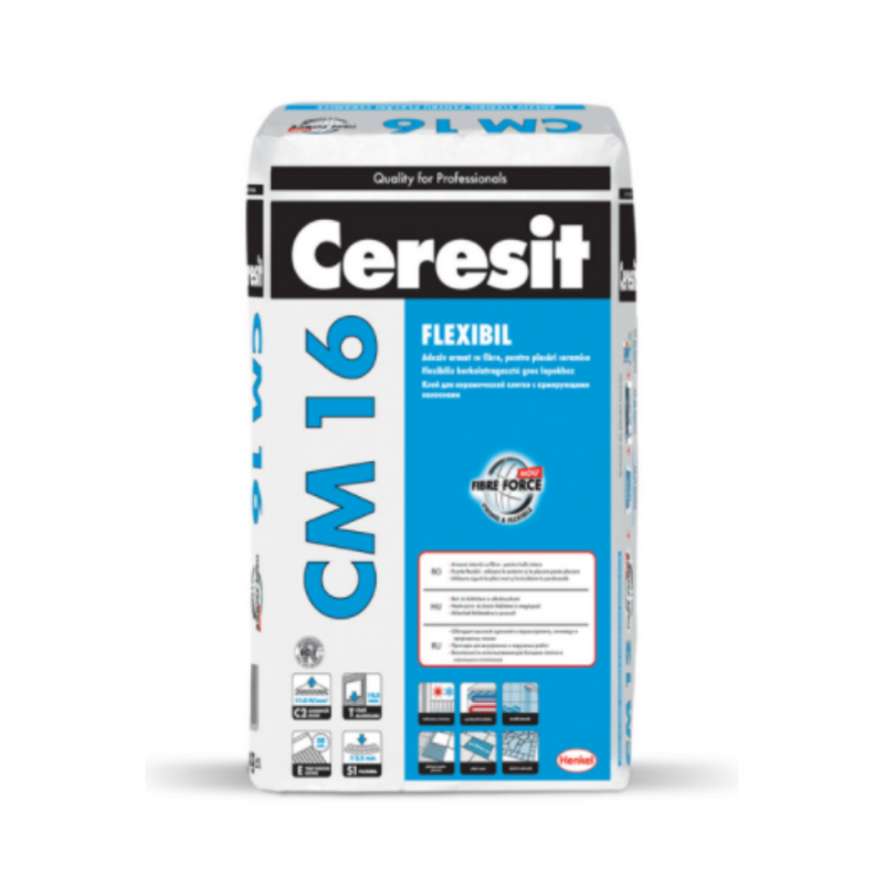 Adeziv pentru placari ceramice si din piatra naturala Ceresit CM 16 FLEXIBIL. 25 kg.